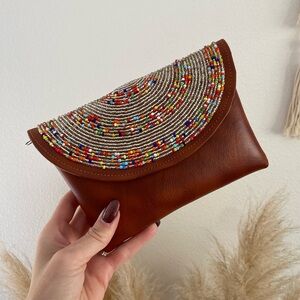 Handmade beaded mini clutch bag vegan leather brown rainbow beads vacation